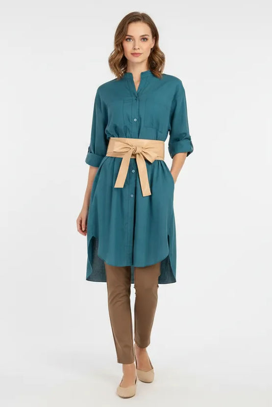 Дамска дълга риза 100% памук в тюркоазено синьо | колекция есен-зима 6Sense