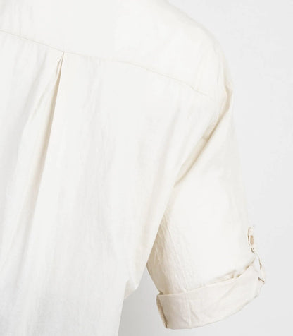 Elegant white 100% cotton long shirt, featuring a relaxed fit and stylish 3/4 rolled sleeves.
