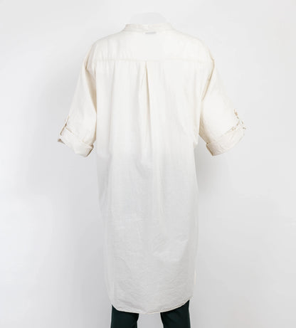 Elegant white 100% cotton long shirt/tunic, loose-fit with rolled 3/4 sleeves, perfect for versatile styling.