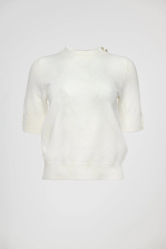 Дамска фина плетена блуза в екрю - Ivory Button Knit-блуза с къс ръкав-6Sense