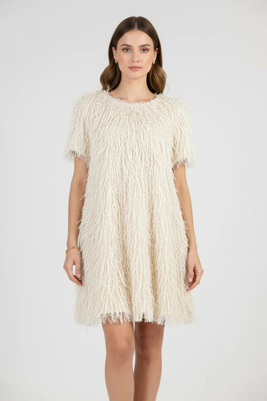 Дамска къса парти рокля с ресни – Disco Ivory-рокли-6Sense