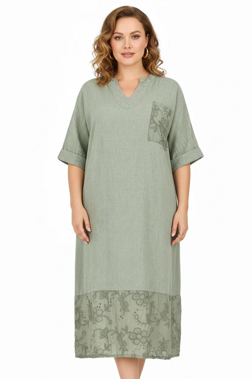 Дамска ленена рокля с бродерия - Plus Size – Olivia-рокли-6Sense