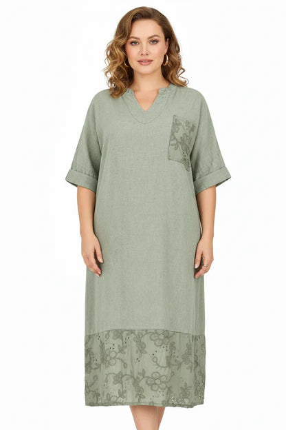 Дамска ленена рокля с бродерия - Plus Size – Olivia-рокли-6Sense