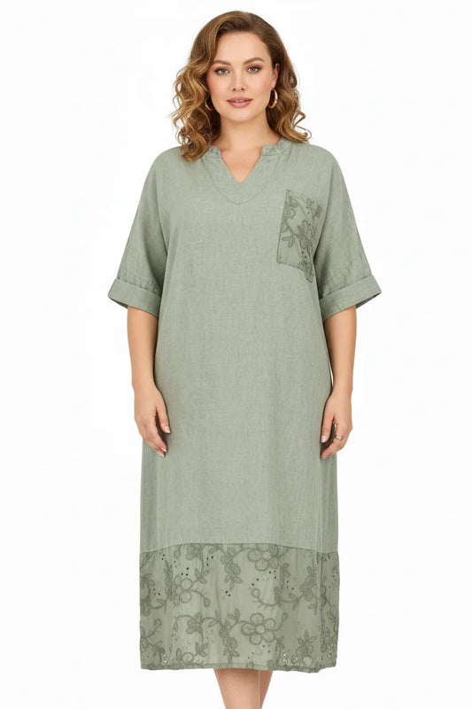Дамска ленена рокля с бродерия - Plus Size – Olivia-рокли-6Sense
