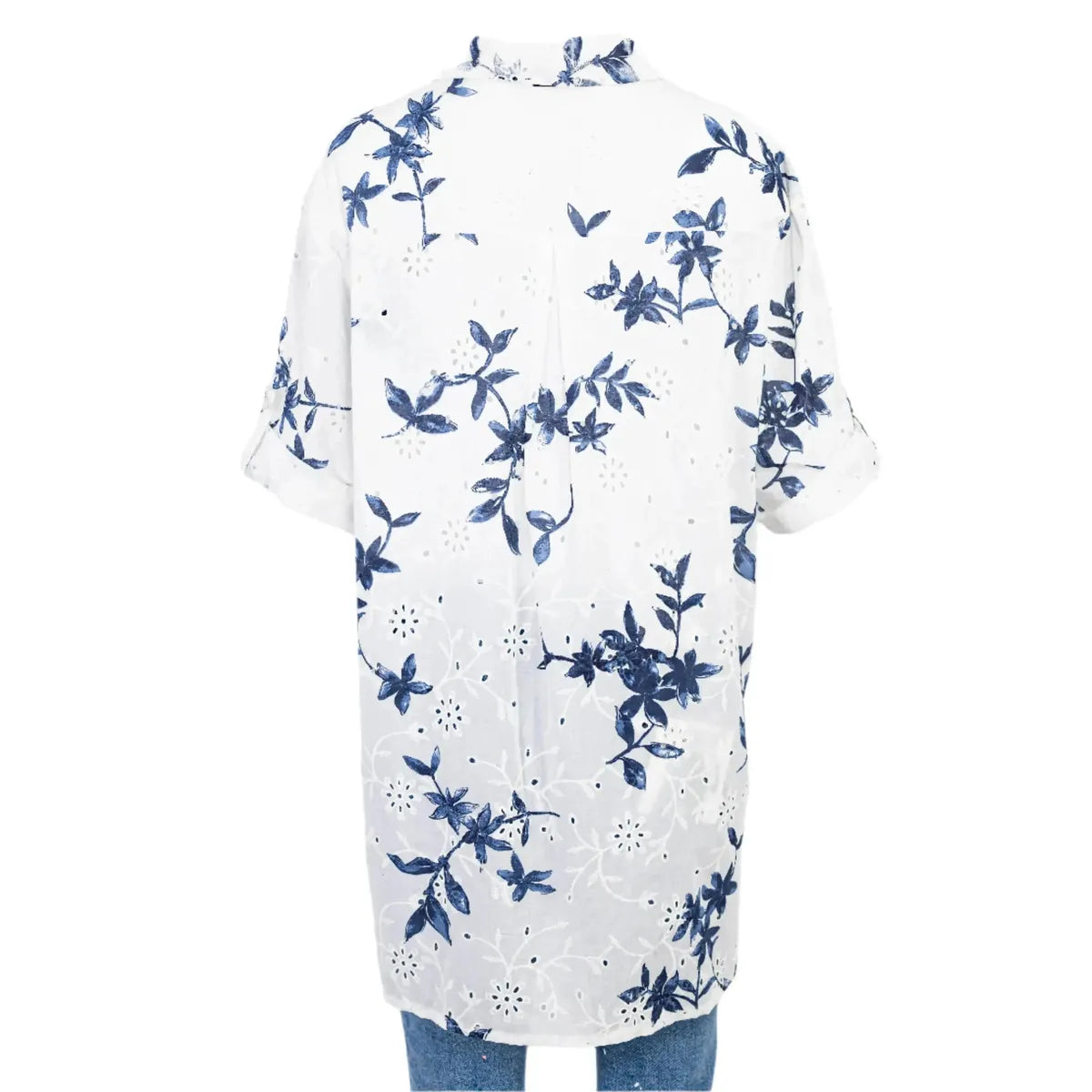 White 100% cotton Sea Whisper summer shirt with elegant blue floral print, relaxed fit, and adjustable sleeves.