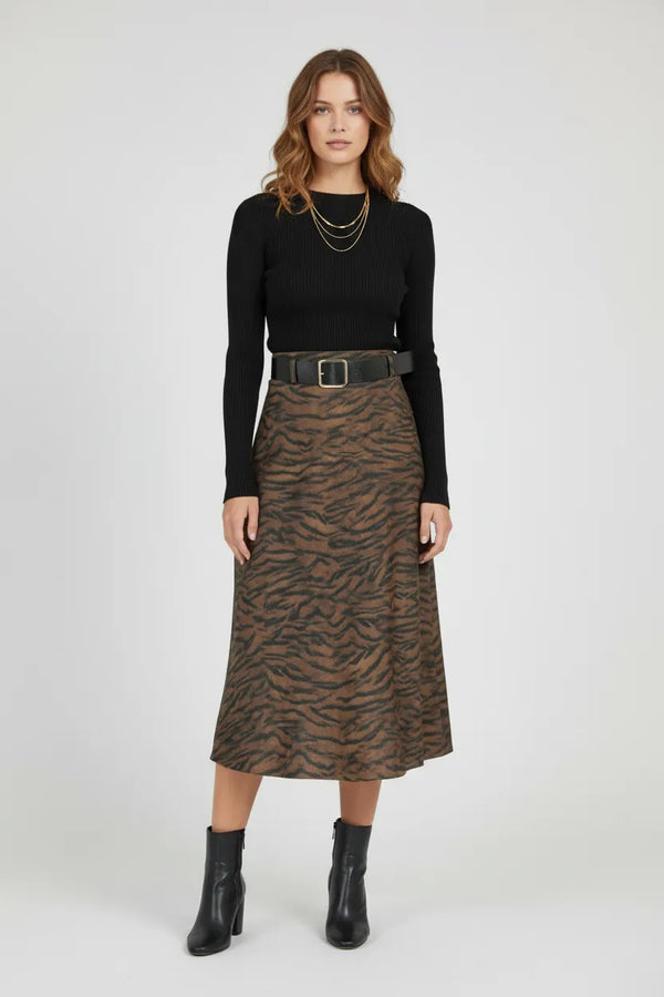Дамска миди пола с тигров принт – Tiger Brown-Поли-6Sense