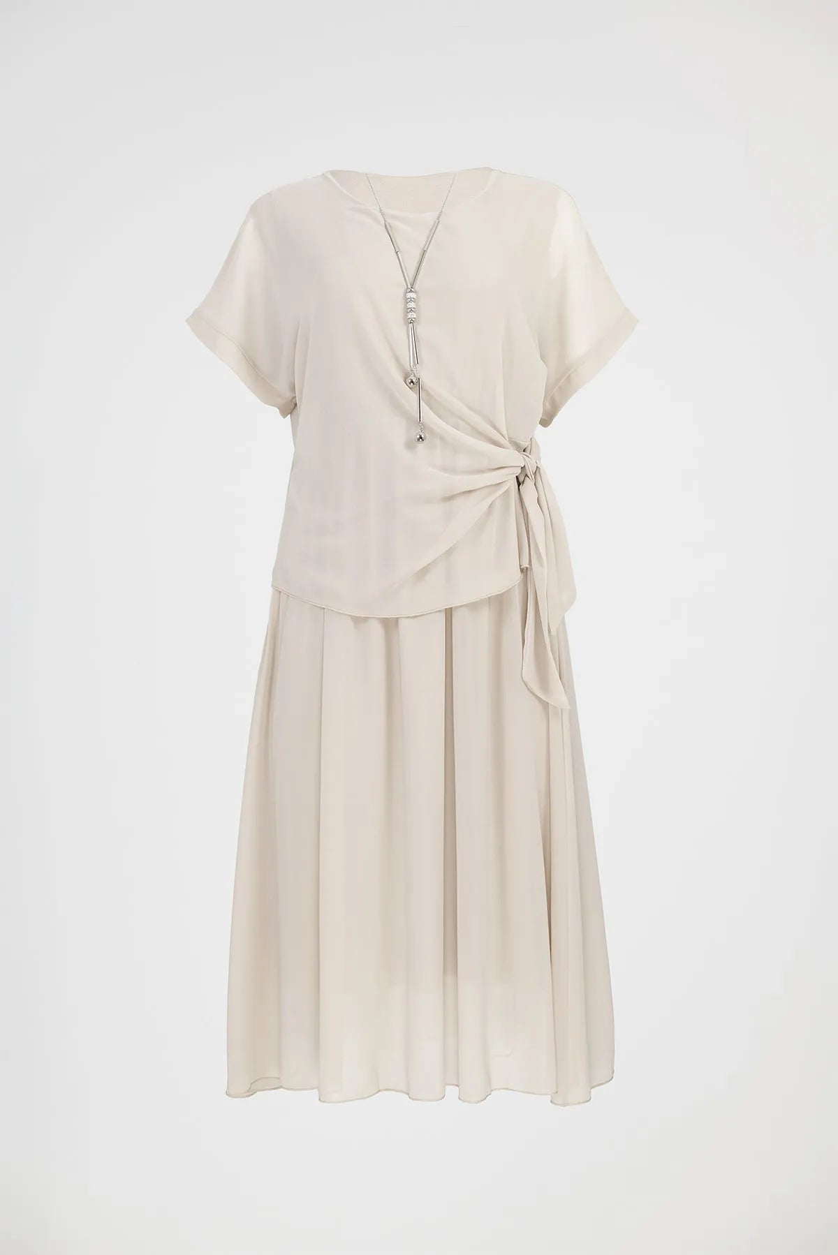 Дамска миди рокля в шампанско бежово - Champagne Wrap-рокли-6Sense