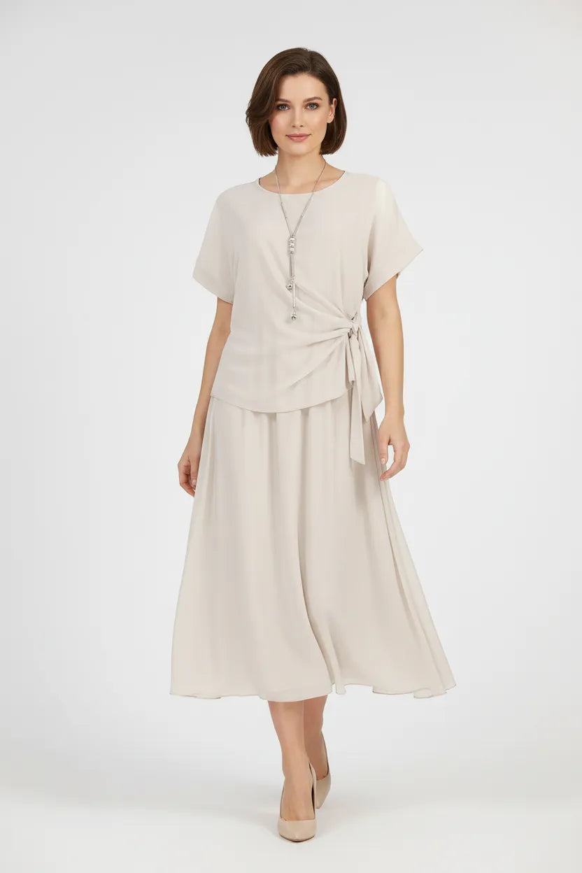 Дамска миди рокля в шампанско бежово - Champagne Wrap-рокли-6Sense