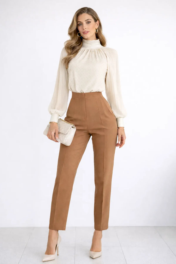 Дамска офис визия блуза с висока яка и панталон с висока талия - Cream Caramel-Готова визия-6Sense