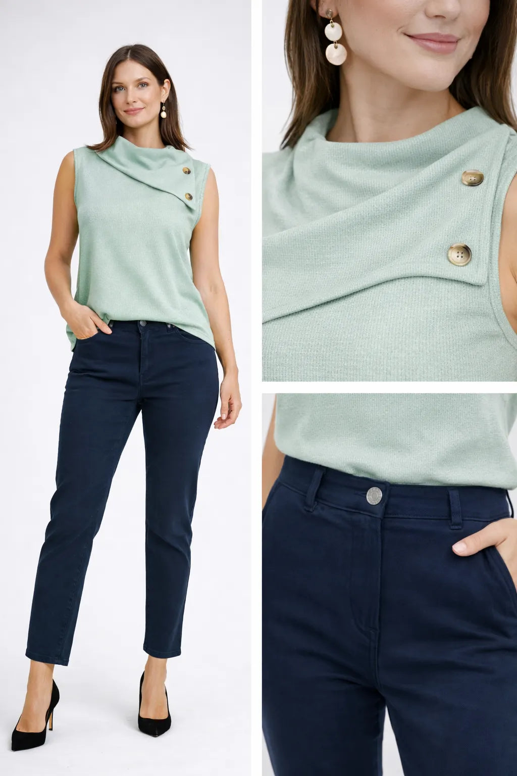 Дамска офис визия - ментов топ с тъмносини еластични дънки Mint Denim Look-Готова визия-6Sense