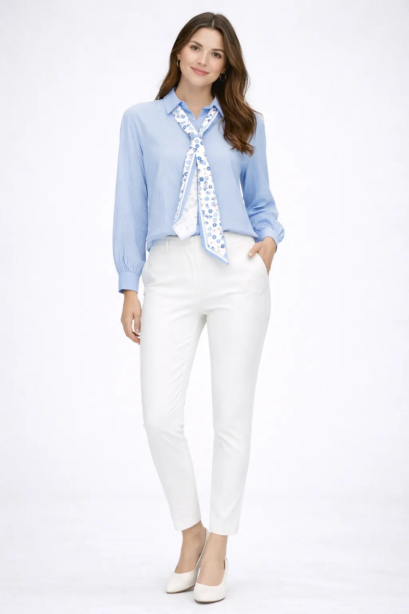 Дамска готова визия - светлосиня риза и панталон – Blue Scarf Set-Готова визия-6Sense