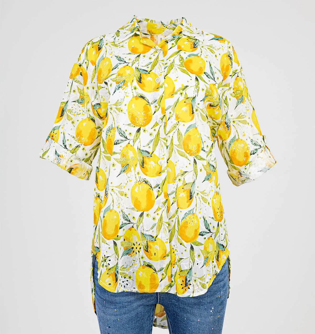 Дамска памучна лятна риза с лимони Plus Size - Citrus Whisper-ризи-6Sense
