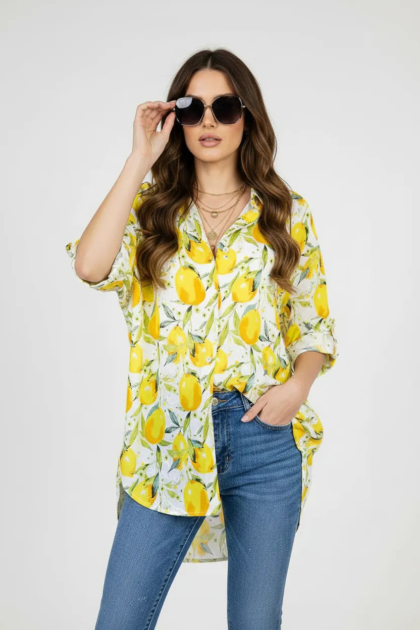 Дамска памучна лятна риза с лимони Plus Size - Citrus Whisper-ризи-6Sense