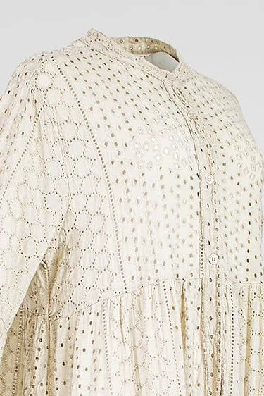 Boho Breeze natural beige 100% cotton dress with intricate eyelet embroidery, button-front, and relaxed fit.