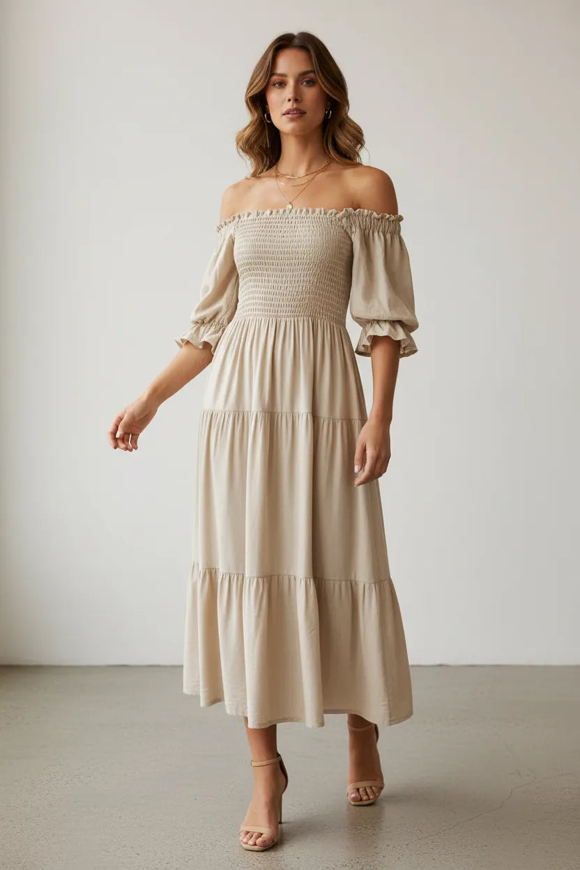 Дамска памучна рокля с ластичен бюст и волани – Soft Boho Touch-рокли-6Sense