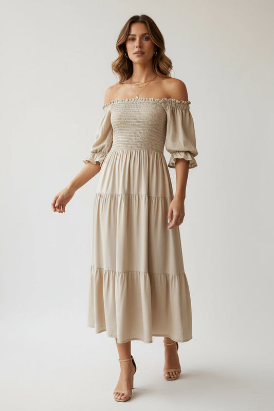 Дамска памучна рокля с ластичен бюст и волани – Soft Boho Touch-рокли-6Sense