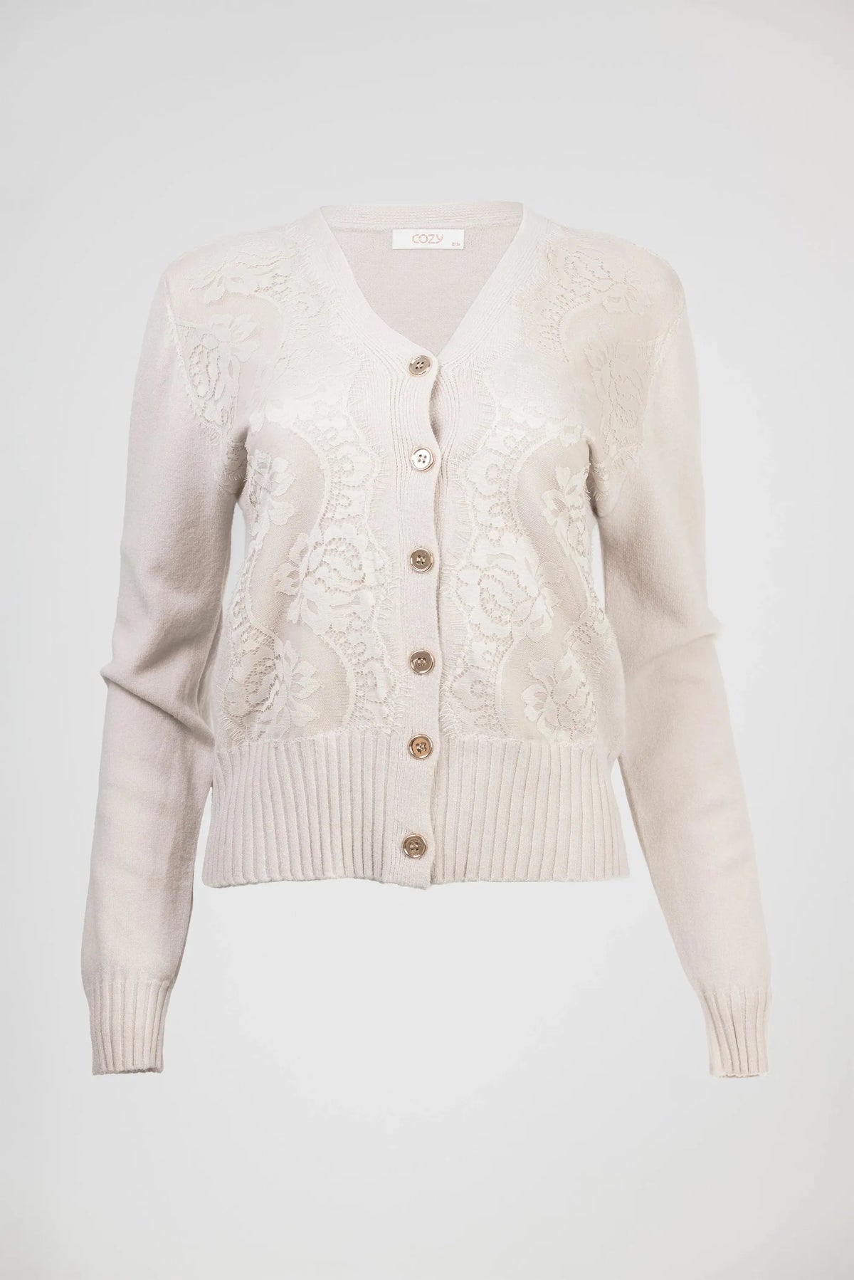 Дамска плетена жилетка в екрю с дантела – Ivory Lace Cardigan-жилетки-6Sense