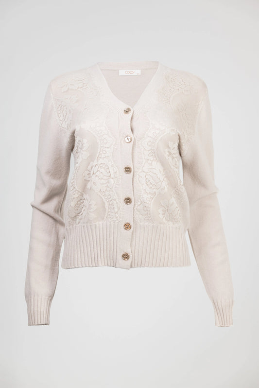 Дамска плетена жилетка в екрю с дантела – Ivory Lace Cardigan-жилетки-6Sense