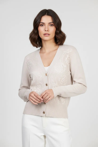 Дамска плетена жилетка в екрю с дантела – Ivory Lace Cardigan-жилетки-6Sense