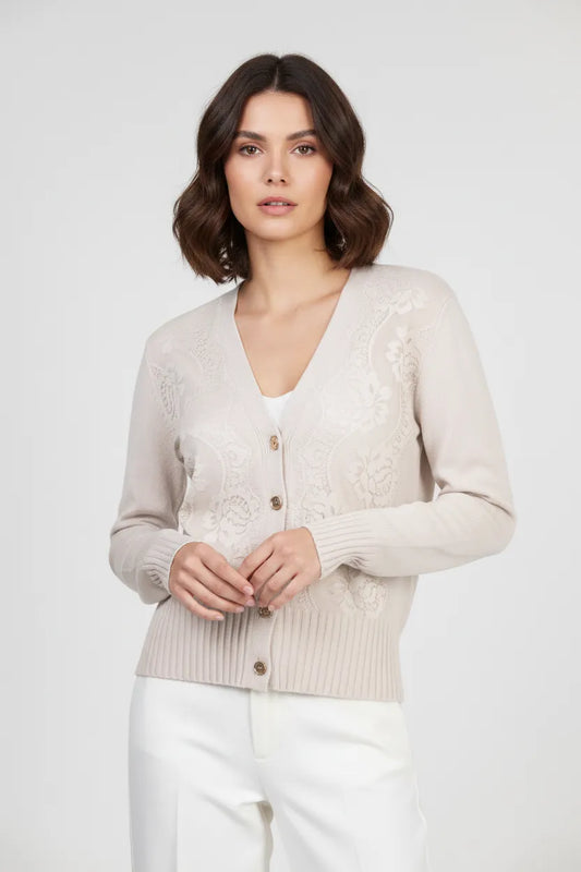 Дамска плетена жилетка в екрю с дантела – Ivory Lace Cardigan-жилетки-6Sense