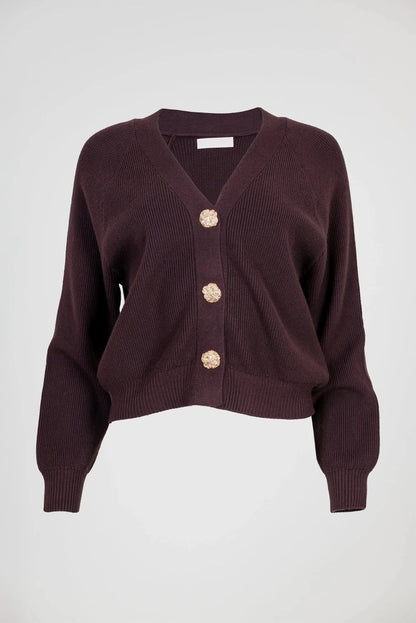 Дамска плетена жилетка в цвят кафе със златисти копчета – Mocha Gold Cardigan-жилетки-6Sense