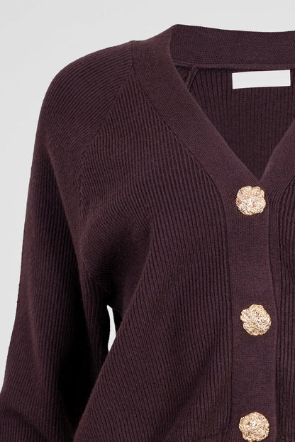 Дамска плетена жилетка в цвят кафе със златисти копчета – Mocha Gold Cardigan-жилетки-6Sense