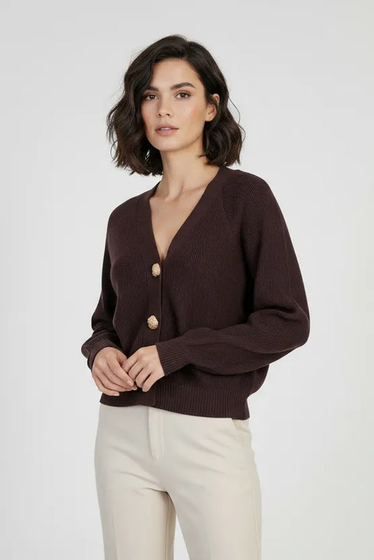 Дамска плетена жилетка в цвят кафе със златисти копчета – Mocha Gold Cardigan-жилетки-6Sense