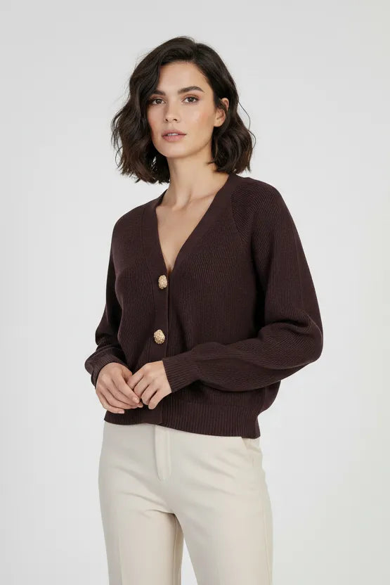 Дамска плетена жилетка в цвят кафе със златисти копчета – Mocha Gold Cardigan-жилетки-6Sense