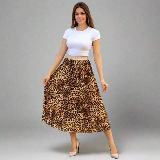 Дамска плисирана пола с леопардов принт | колекция есен-зима-Поли-6Sense
