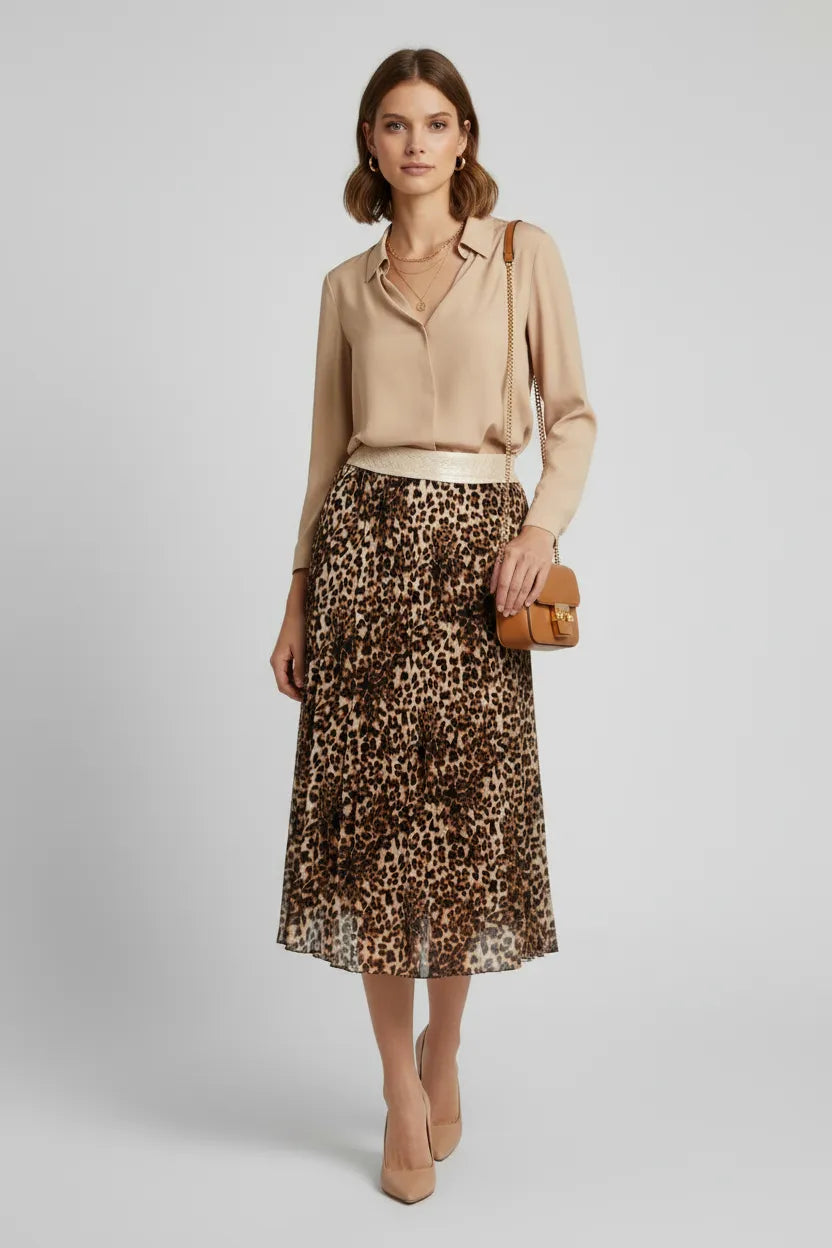 Дамска плисирана пола с леопардов принт - Savanna Leopard-Поли-6Sense