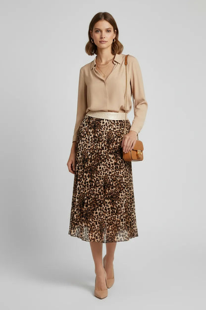 Дамска плисирана пола с леопардов принт - Savanna Leopard-Поли-6Sense