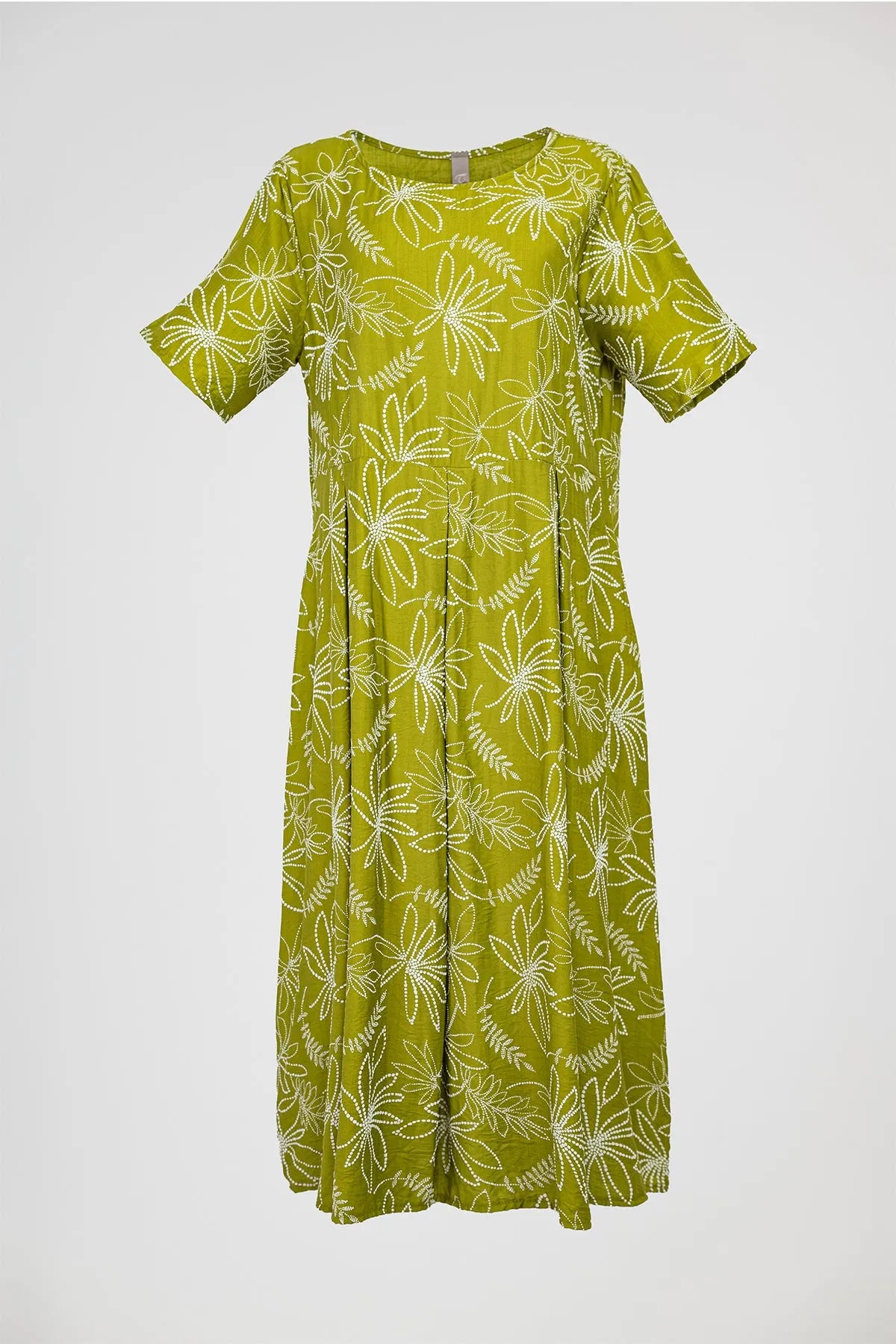 Flora Flow plus size olive green midi dress with white floral print, short sleeves, and loose fit.