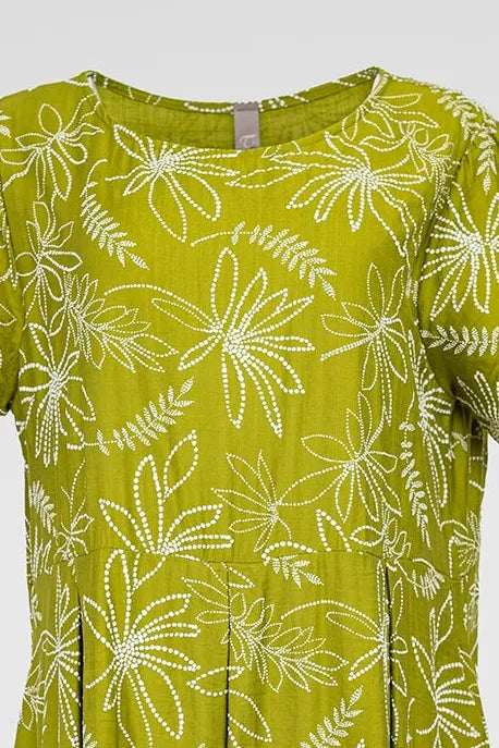 Flora Flow plus size olive green dress with white floral print, short sleeves, and comfortable viscose blend.