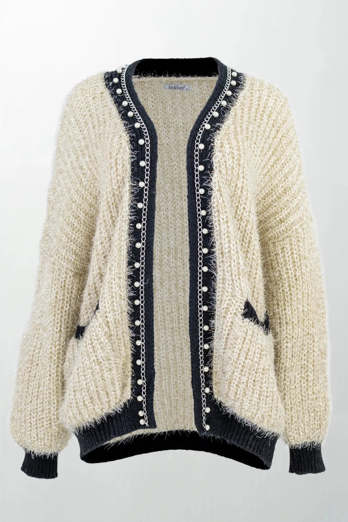 Дамска пухкава жилетка - овърсайз с перли и верижка-жилетки-6Sense