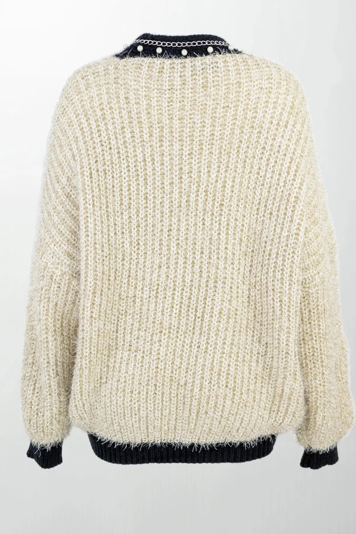 Дамска пухкава жилетка - овърсайз с перли и верижка-жилетки-6Sense