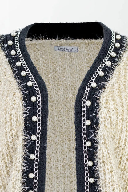 Дамска пухкава жилетка - овърсайз с перли и верижка-жилетки-6Sense