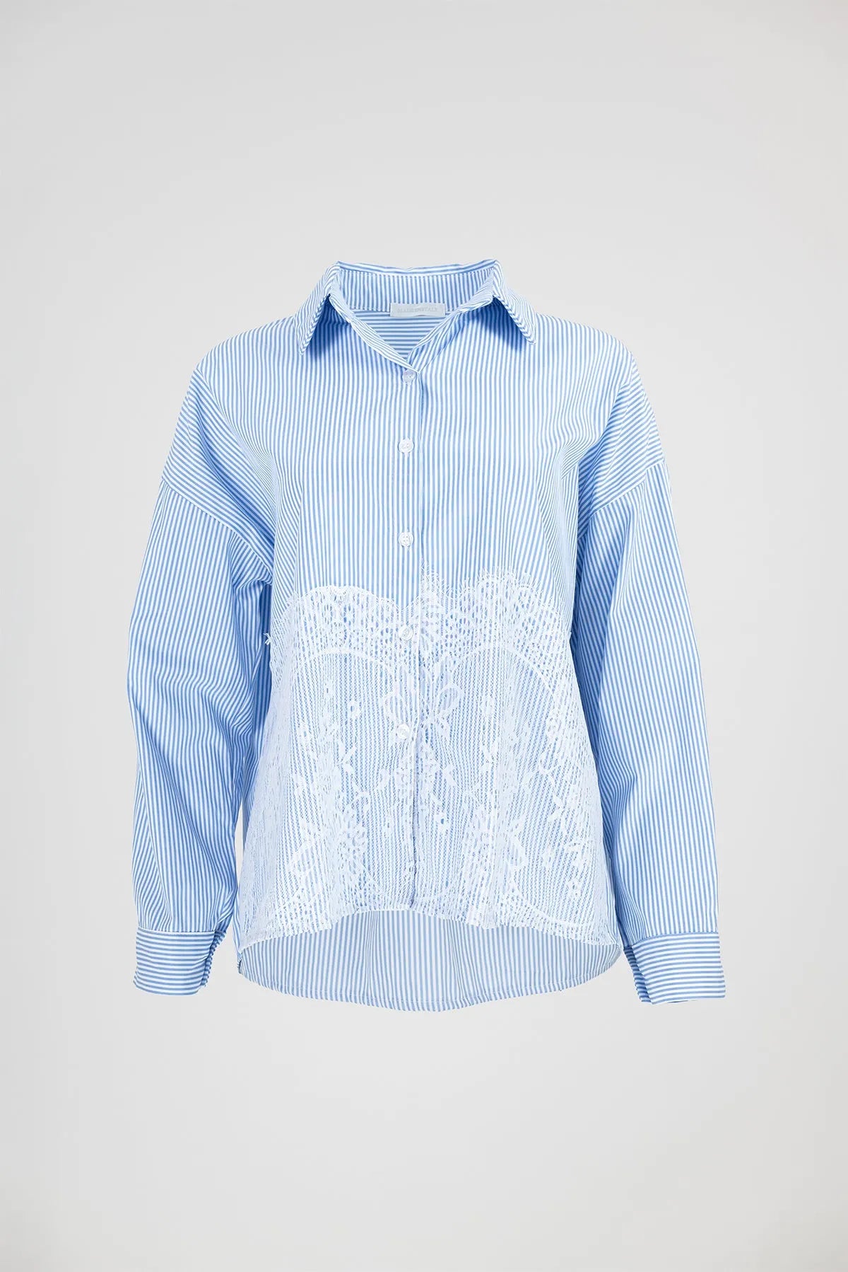 Дамска раирана риза с дантелен акцент Blue Lace-ризи-6Sense