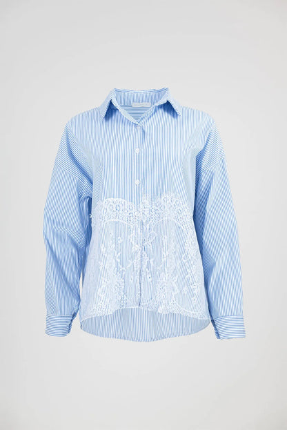 Дамска раирана риза с дантелен акцент Blue Lace-ризи-6Sense