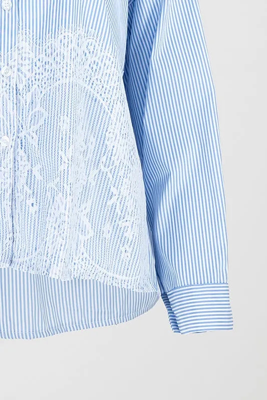 Дамска раирана риза с дантелен акцент Blue Lace-ризи-6Sense