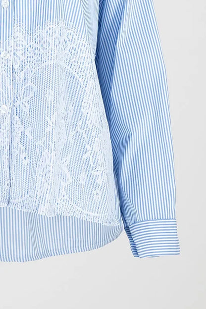 Дамска раирана риза с дантелен акцент Blue Lace-ризи-6Sense