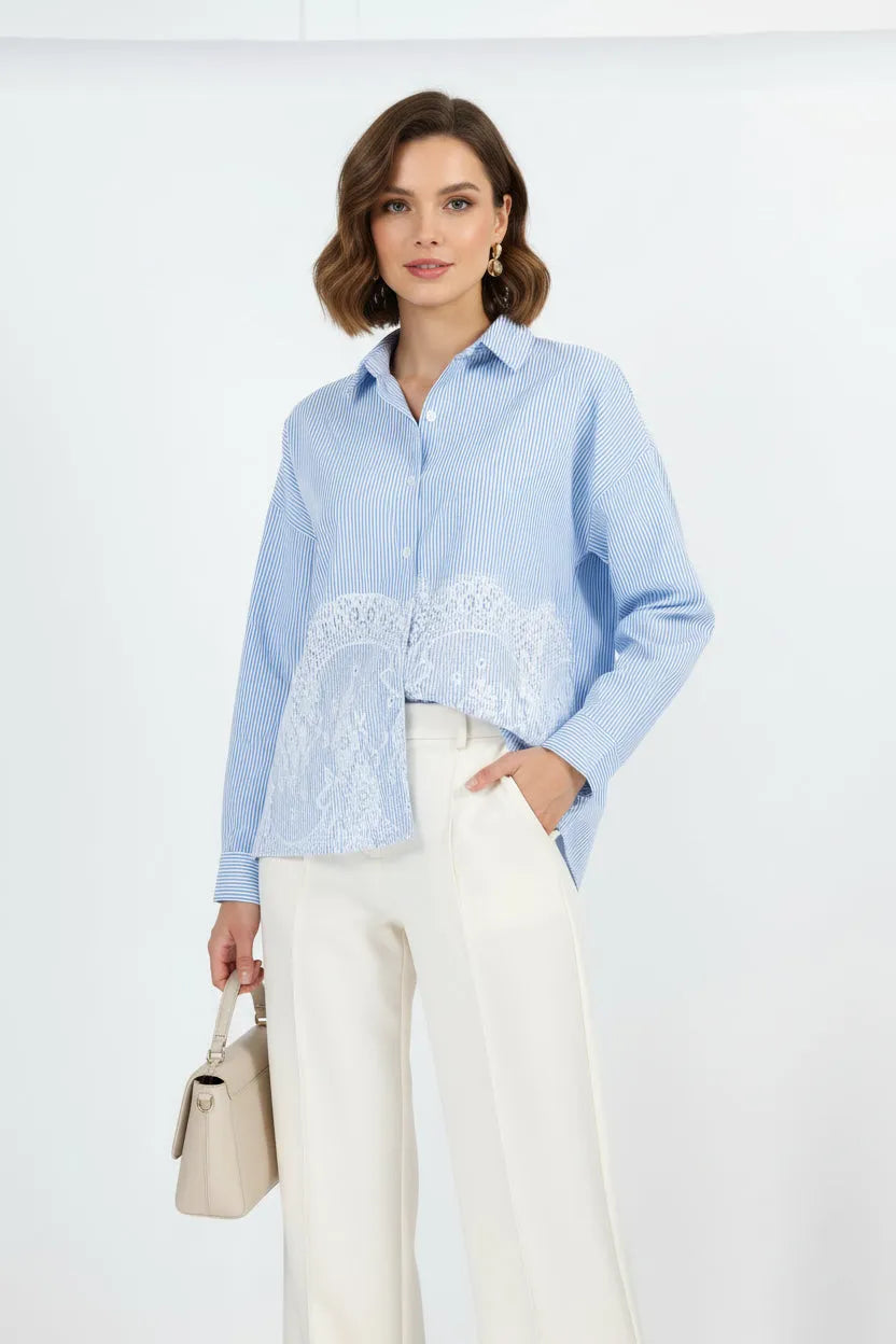 Дамска раирана риза с дантелен акцент Blue Lace-ризи-6Sense