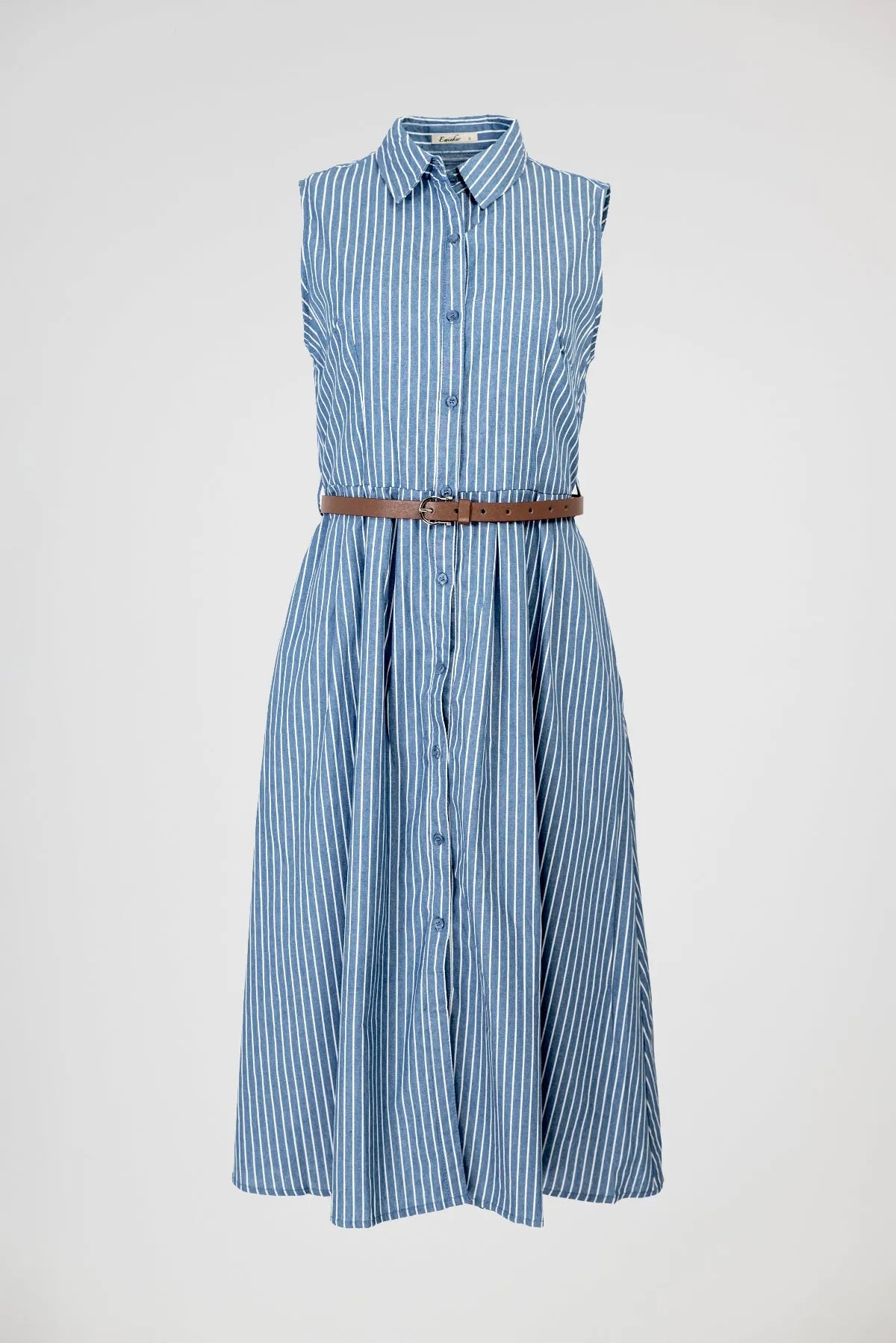 Дамска раирана рокля с колан и копчета – Blue Stripe Midi-рокли-6Sense