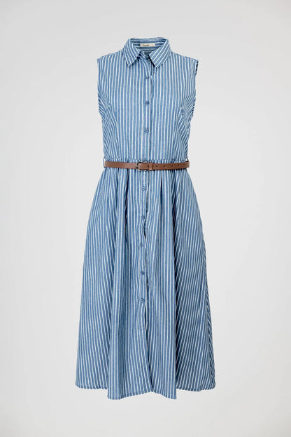 Дамска раирана рокля с колан и копчета – Blue Stripe Midi-рокли-6Sense
