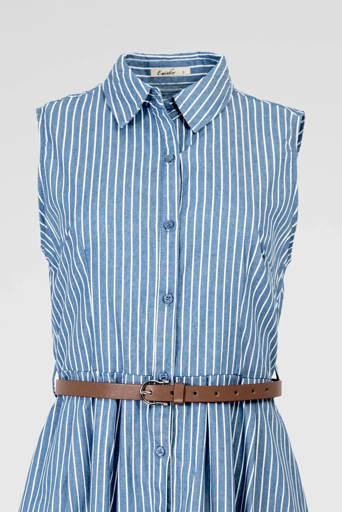 Дамска раирана рокля с колан и копчета – Blue Stripe Midi-рокли-6Sense