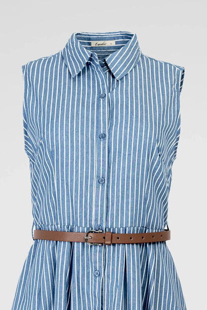 Дамска раирана рокля с колан и копчета – Blue Stripe Midi-рокли-6Sense