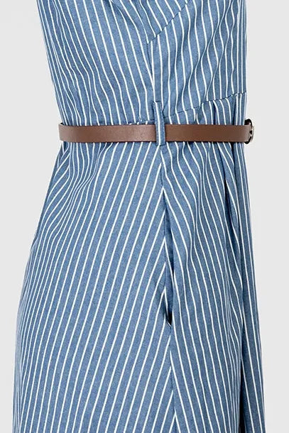 Дамска раирана рокля с колан и копчета – Blue Stripe Midi-рокли-6Sense