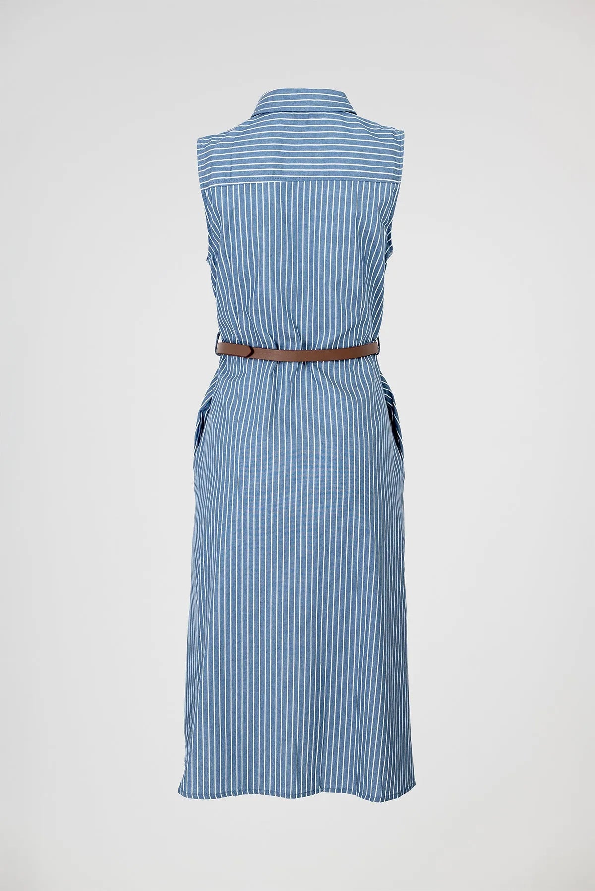 Дамска раирана рокля с колан и копчета – Blue Stripe Midi-рокли-6Sense