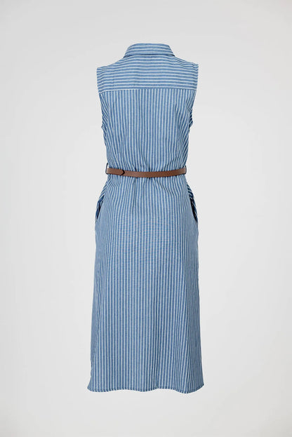 Дамска раирана рокля с колан и копчета – Blue Stripe Midi-рокли-6Sense