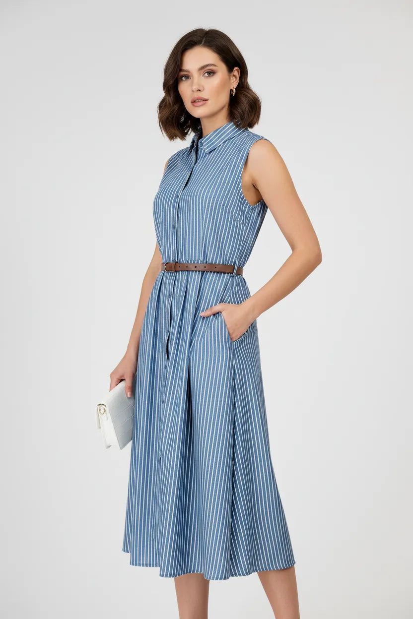 Дамска раирана рокля с колан и копчета – Blue Stripe Midi-рокли-6Sense