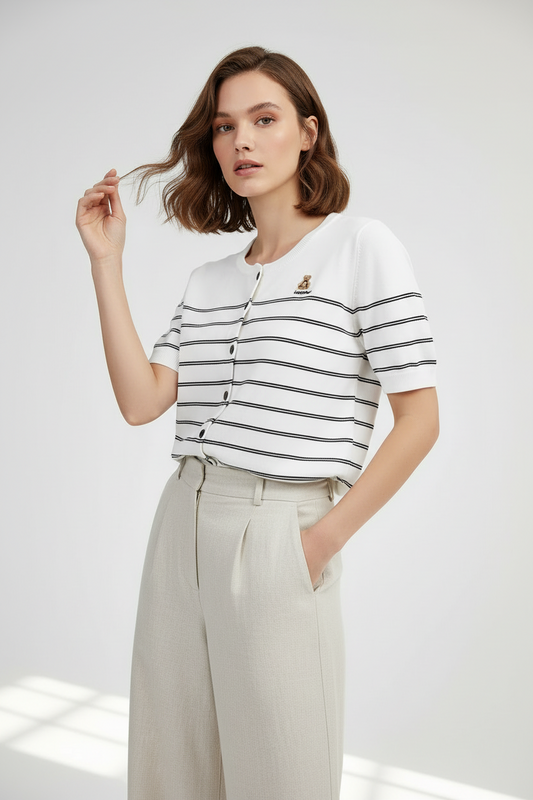 Дамска раирана жилетка с къс ръкав - Noir Riviera